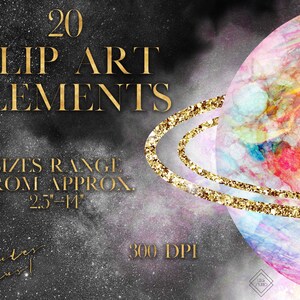 Pu&ograve; includere: 20 elementi di clip art ad acquerello con sfondo galattico. Gli elementi sono in tonalit&agrave; di rosa, blu e giallo con accenti di glitter dorati. Le dimensioni variano da 2,5 a 14 pollici. 300 DPI.