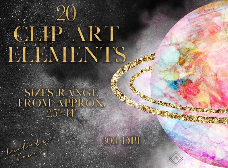 Pu&ograve; includere: 20 elementi di clip art ad acquerello con sfondo galattico. Gli elementi sono in tonalit&agrave; di rosa, blu e giallo con accenti di glitter dorati. Le dimensioni variano da 2,5 a 14 pollici. 300 DPI.