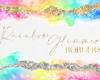 Rainbow Watercolor Border Clipart: Colorful Bright Glitter Frames (PNG Graphics Digital Download)