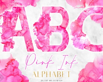 Hot Pink Alcohol Ink Alphabet Clipart: Watercolor Monogram  Letter Graphics (PNG Digital Download)