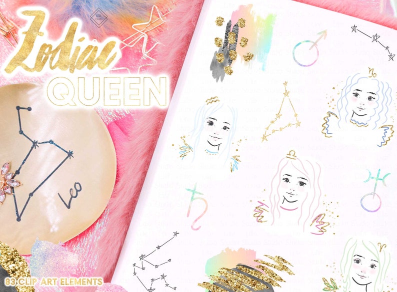 May include: Zodiac Queen clip art elements, a collection of 13 digital illustrations featuring zodiac signs, constellations, and stylized portraits. The illustrations are in a light, whimsical style with gold glitter accents and watercolor washes in pastel colors.