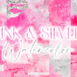 May include: Five digital papers featuring pink and silver watercolour textures. The papers are perfect for creating backgrounds, invitations, and other digital projects.