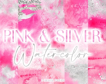 Pink Silver Watercolor Digital Paper: Abstract Glam Backgrounds (JPG Graphics Download)