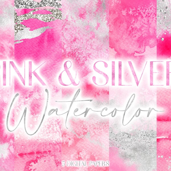 Pink Silver Watercolor Digital Paper Backgrounds - Water Color Abstract Papers - Glam Girly JPG Background Design For Canva Instagram