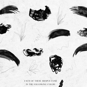 May include: A set of black ink brush strokes and abstract shapes on a white textured background.  Each of these shapes come in the following color: black.
