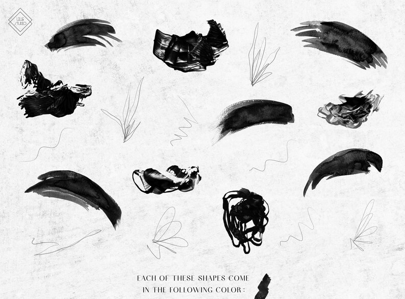 May include: A set of black ink brush strokes and abstract shapes on a white textured background.  Each of these shapes come in the following color: black.