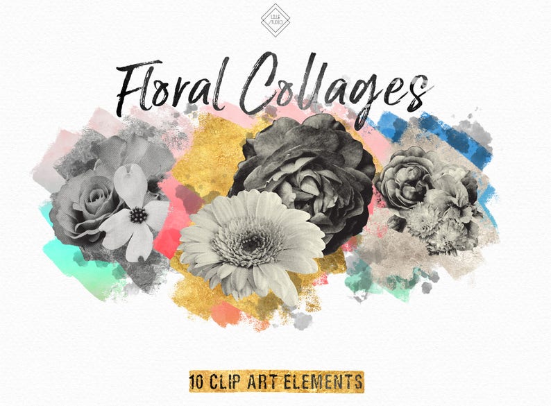 May include: A digital collage of 10 floral clip art elements. The flowers are in black and white and are arranged on a background of watercolor washes in shades of pink, blue, and gold.