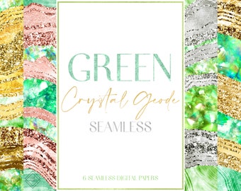 Green Geode Crystal Seamless Digital Paper: Glitter Agate Quartz Pattern Backgrounds (Digital Download)