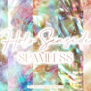 May include: Set of 5 digital papers featuring iridescent holographic textures in shades of pink, blue, green, and gold. The papers are seamless and perfect for creating backgrounds, patterns, and designs.