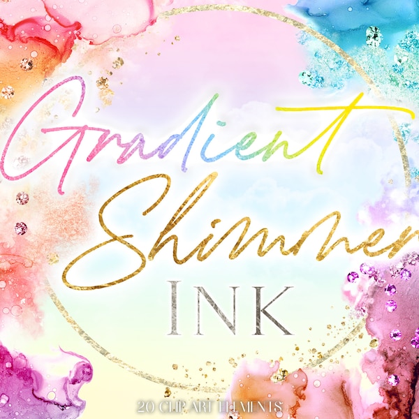Rainbow Glitter Alcohol Ink Clip Art - Gradient Shimmer Watercolor Clipart - Colorful Abstract Water Color Graphics - PNG Digital Graphic