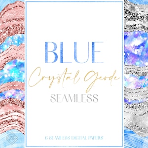 Blue Geode Crystal Seamless Pattern - Agate Digital Paper - Abstract Quartz Background - Glam Rose Gold Silver Sparkling Modern Lux Glitter