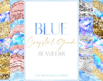 Blue Geode Crystal Seamless Digital Paper: Glitter Agate Quartz Background Patterns (JPG Digital Download)