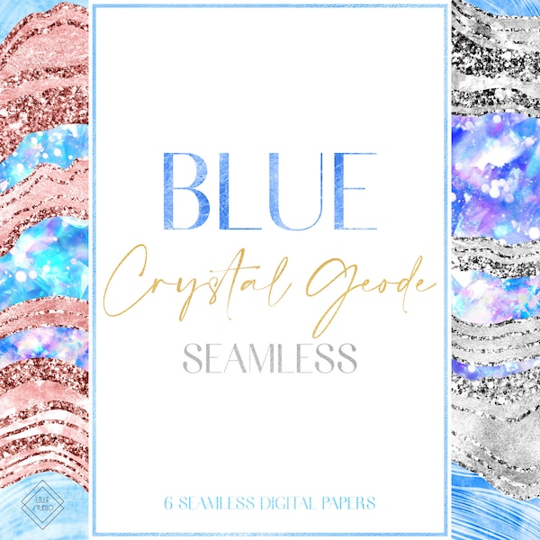 Blue Geode Crystal Seamless Pattern - Agate Digital Paper - Abstract Quartz Background - Glam Rose Gold Silver Sparkling Modern Lux Glitter