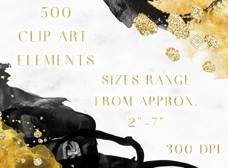 May include: A digital illustration of 500 black and gold clip art elements. The text "500 CLIP ART ELEMENTS" is displayed in gold lettering. The text "SIZES RANGE FROM APPROX. 2"-7" 300 DPI" is also displayed in gold lettering.