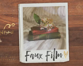 May include: A vintage-style photo frame with a white background and a faded, textured look. The frame features a floral arrangement with a bouquet of pink flowers and green leaves, resting on top of three books. The text "Faux Film" is written in black across the bottom of the frame.