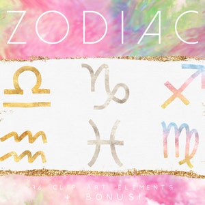 Zodiac Signs Clipart - Astrology Sign Horoscope Clip Art - Astrological Symbol Digital Graphics - Gold Silver Rainbow Star Symbols PNG