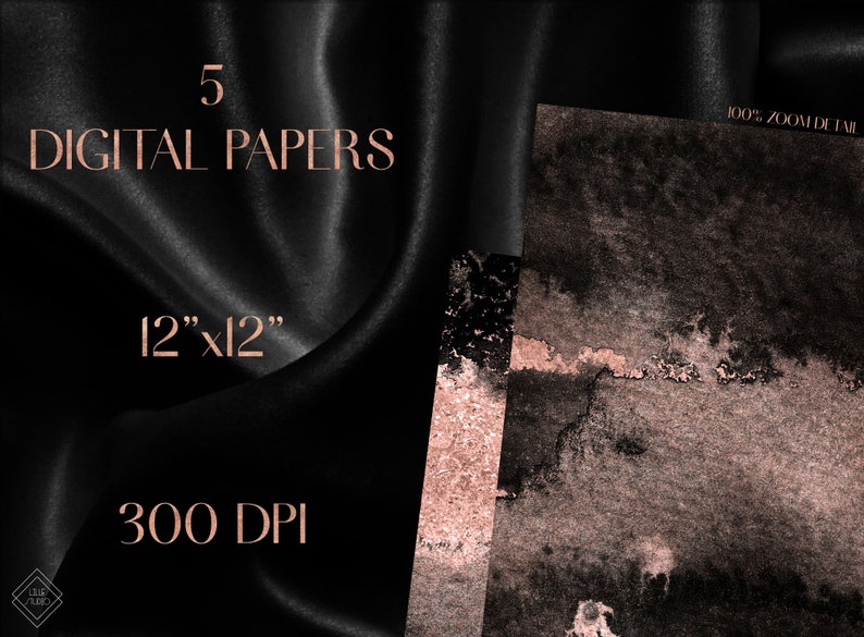 May include: Five digital papers with a black and rose gold watercolor design. The papers are 12 inches by 12 inches and 300 DPI.