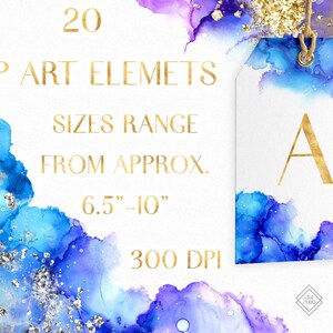 Blue Purple Alcohol Ink Clipart Watercolor Graphics PNG Water Color Clip Art Download Gold Silver Glitter Digital Overlay Images image 5