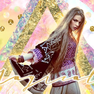 May include: A woman with long blonde hair wearing a black and purple patterned kimono with a gold belt. The background is a collage of pink, gold, and iridescent colors with the word "Magical" written in gold script.
