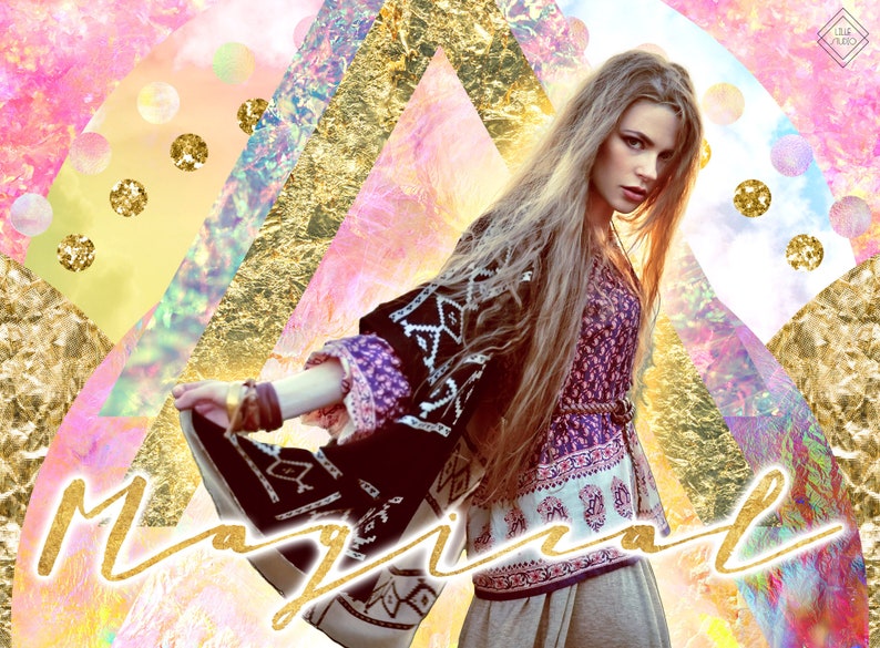 May include: A woman with long blonde hair wearing a black and purple patterned kimono with a gold belt. The background is a collage of pink, gold, and iridescent colors with the word "Magical" written in gold script.