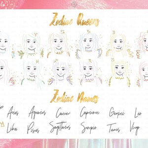 May include: A white background with gold text and illustrations of the 12 zodiac signs. The text reads "Zodiac Queens" and "Zodiac Names". The signs are illustrated as female figures with their corresponding zodiac symbol.