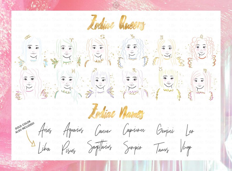 May include: A white background with gold text and illustrations of the 12 zodiac signs. The text reads "Zodiac Queens" and "Zodiac Names". The signs are illustrated as female figures with their corresponding zodiac symbol.