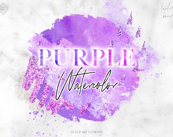 Purple Watercolor Clipart: Brush Stroke & Glitter Graphics (PNG Digital Download)
