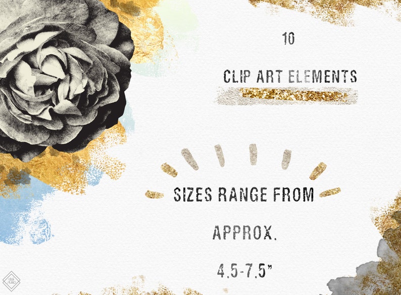 May include: A set of 10 clip art elements featuring a black and white rose with gold and blue watercolor accents. The text "Sizes range from approx. 4.5-7.5" is included in the image.