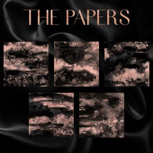 May include: Six digital paper textures in a black and rose gold color scheme. The papers have a marbled, abstract, and watercolor look. The text "THE PAPERS" is displayed above the papers.