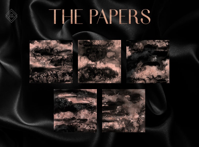 May include: Six digital paper textures in a black and rose gold color scheme. The papers have a marbled, abstract, and watercolor look. The text "THE PAPERS" is displayed above the papers.