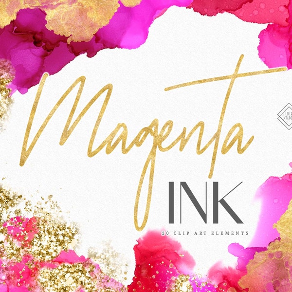 Magenta Pink Alcohol Ink Clipart - Red Fuchsia Purple Watercolor Clip Art - Gold Silver Glitter Graphics - Digital Water Color PNG Overlay