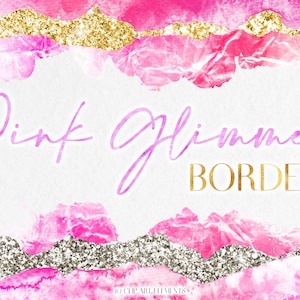 Pink Glimmer Watercolor Border Clipart - Glam Chic Magenta Clip Art Borders - Gold Silver Glitter Frame Graphics - Sparkle Digital Frames