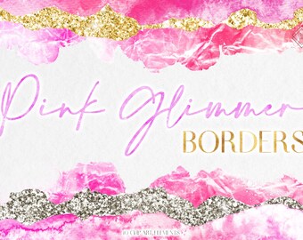 Pink Watercolor Border Clipart: Modern Gold & Silver Glitter Frames (PNG Digital Download)