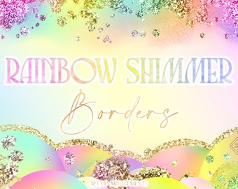 May include: Rainbow shimmer borders clipart set with 12 digital elements. The clipart features rainbow gradient colors with gold glitter accents. The text "Rainbow Shimmer Borders" is displayed in a rainbow gradient font.