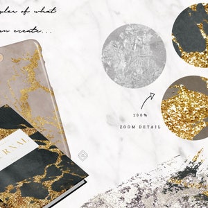May include: Examples of what you can create with marble and gold glitter patterns. A phone case, a journal cover, and a set of round stickers are shown.