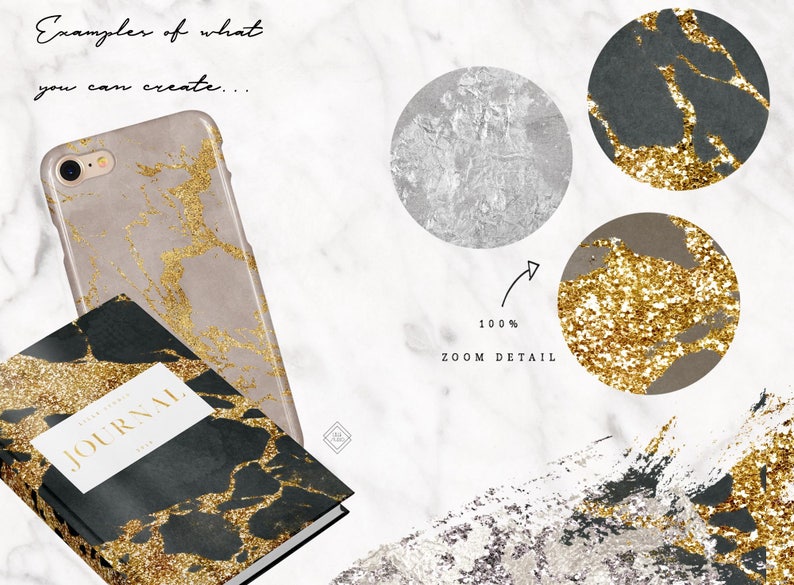 May include: Examples of what you can create with marble and gold glitter patterns. A phone case, a journal cover, and a set of round stickers are shown.