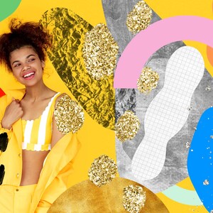 May include: A woman with curly hair is wearing a yellow blazer and a striped top. The background is a collage of colorful shapes and textures, including gold glitter, pink, blue, and gray.