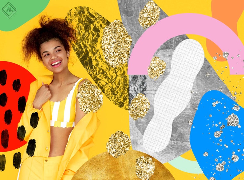 May include: A woman with curly hair is wearing a yellow blazer and a striped top. The background is a collage of colorful shapes and textures, including gold glitter, pink, blue, and gray.