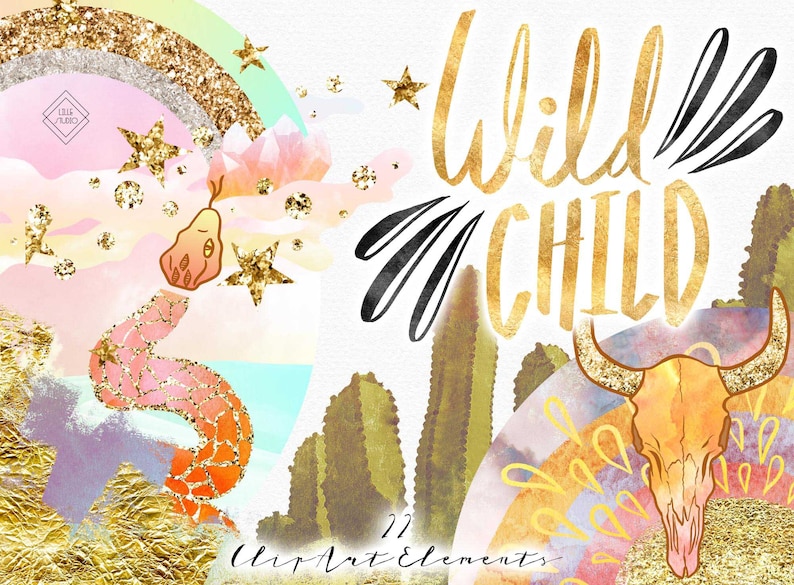 May include: A digital illustration set with 22 clip art elements featuring a watercolor style with gold glitter accents. The set includes a snake, a skull, cacti, stars, and the text "Wild Child".
