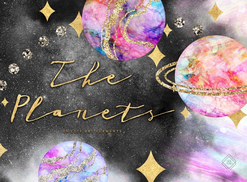 May include: Watercolor planets with gold glitter accents and rings. The planets are pink, blue, and purple with white and gold glitter. The background is black with gold stars. The text 'The Planets' is written in gold script. The text '20 Clip Art Elements' is written in gold below the title.