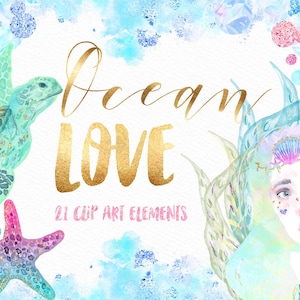 Beach Mermaid Clipart - Watercolor Summer Ocean Clip Art Graphics - Glitter Turtle Seashell Digital Design - Pink Blue Sea Tropical PNG
