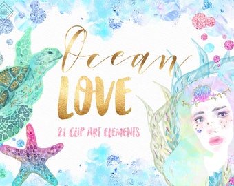 Mermaid Clipart: Summer Beach Ocean Colorful Watercolor Graphics (Digital Download)