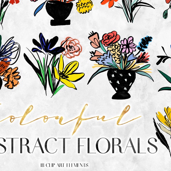 Colorful Abstract Flower Clipart - Modern Minimalist Floral Clip Art - Bright Bouquet PNG - Simple Blossom Flowers Line Art Sketch Graphics