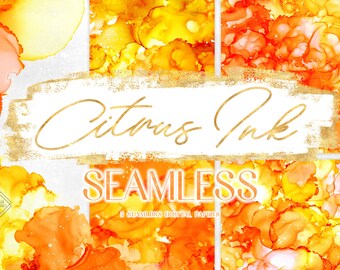 Yellow & Orange Seamless Alcohol Ink Digital Paper: Abstract Watercolor Background Patterns (JPG Graphics Download)
