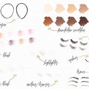 May include: A digital illustration of makeup tools and techniques. The image includes face shapes, foundation swatches, blush, highlighter, contour, glitter blush, lashes, eyeliner, and brows.