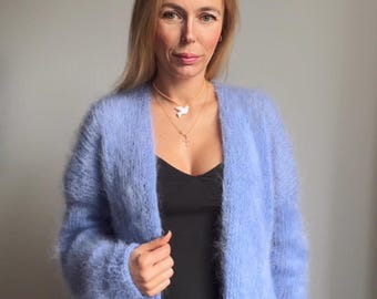 Mohair Blue Cardigan, Damen-Strickjacke, Übergroße Strickjacke, grobstrick Pullover, Wollmantel, Mohairjacke, lange lose Strickjacke, 100% handgefertigt