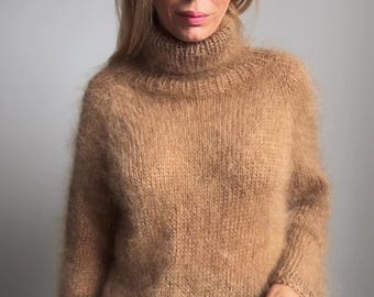 Mohair Camel Turtleneck Sweater, Beige Fuzzy Sweater, Oversized Sweater, Chunky sweater, Wool Winter Pullover, Loose sweater, 100% Hand Made