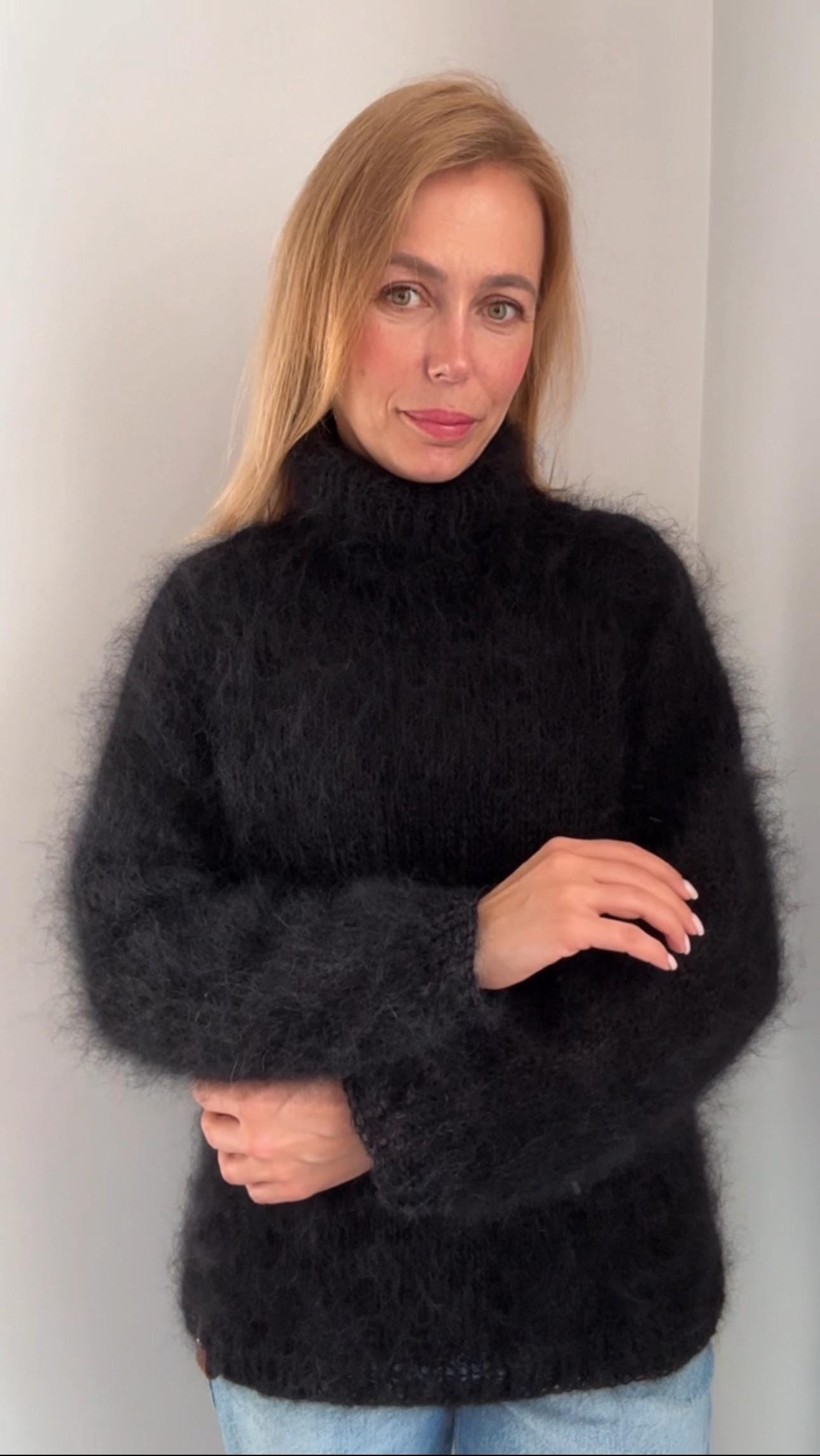 Mohair Black Turtleneck Sweater, Fluffy Fuzzy Sweater, Chunky Oversized Sweater, Crochet Wool Winter Pullover, Loose sweater, 100% Hand Made