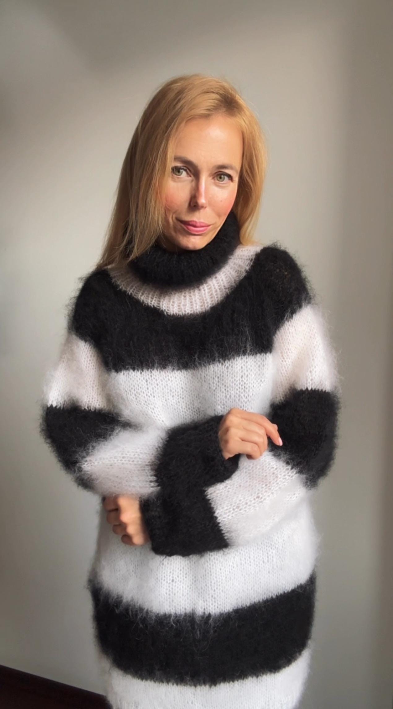 Mohair Long Striped Sweater, Fuzzy Sweater, Oversized Turtlene Sweater, Chunky Wool Winter Mohair dress, Loose mohair tunic, 100% Hand Made