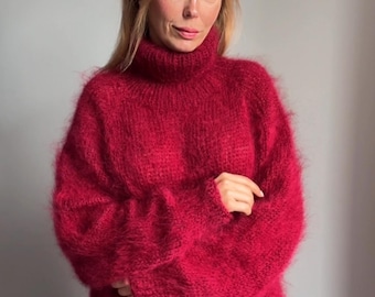 Mohair Long Turtleneck Sweater, Fuzzy Sweater, Oversized Sweater, Chunky Wool Winter Mohair dress, Loose mohair tunic, 100% Hand Made